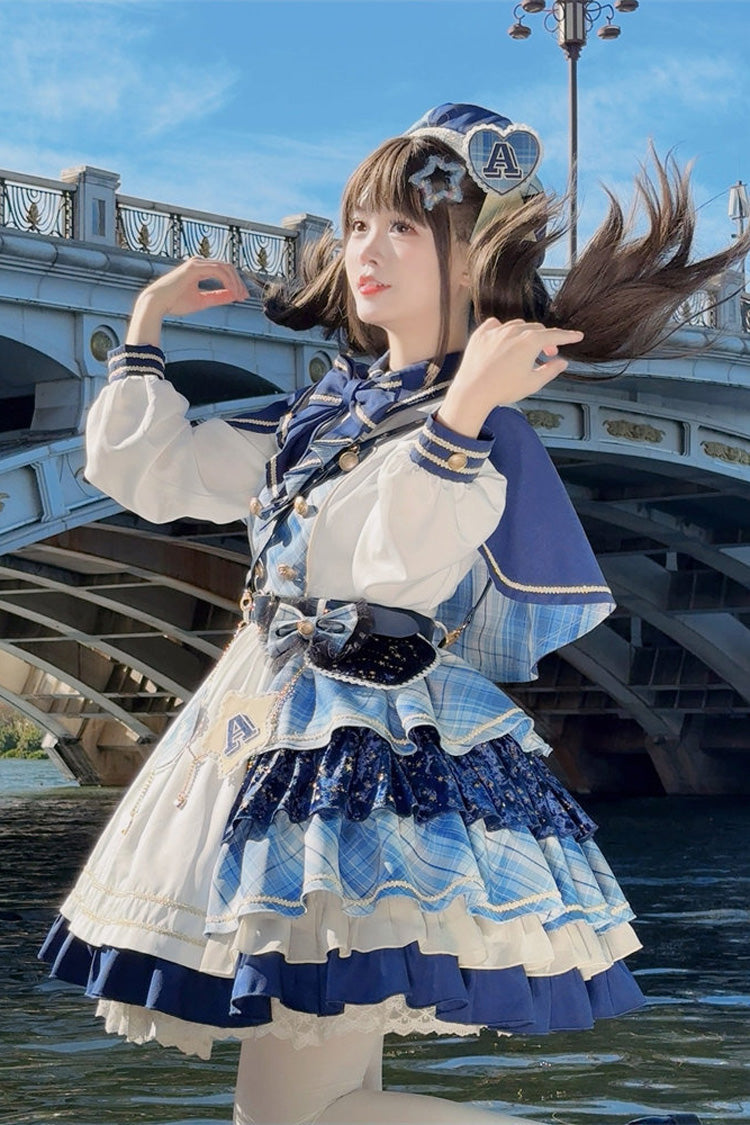 White/Blue [Starlight Academy Style] Long Sleeves Printed Ruffled Spliced Asymmetric Faux Two-Piece Sweet Lolita Dress - Product - 10