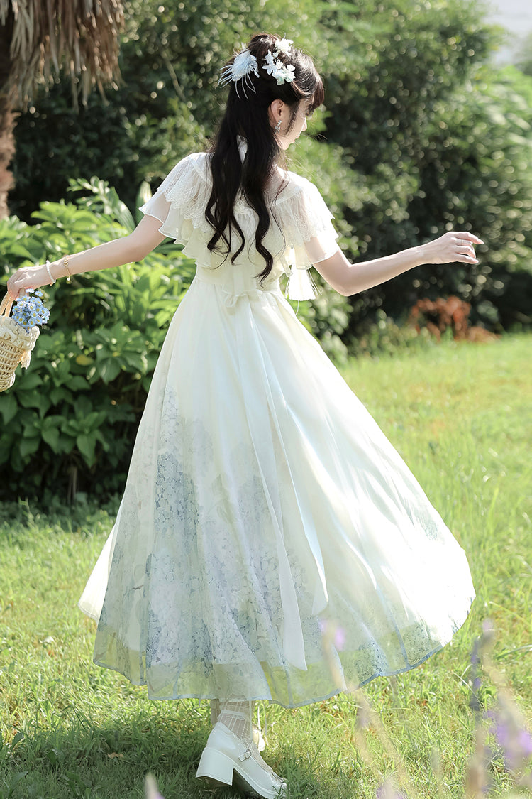 White [Hydrangea Message] Short Sleeves Print Ruffle Lace Sweet Chinese Style Elegant Lolita Dress - Product - 10