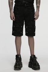 Black Ripped Eyelet Straps Men's Gothic Shorts - Black - 1