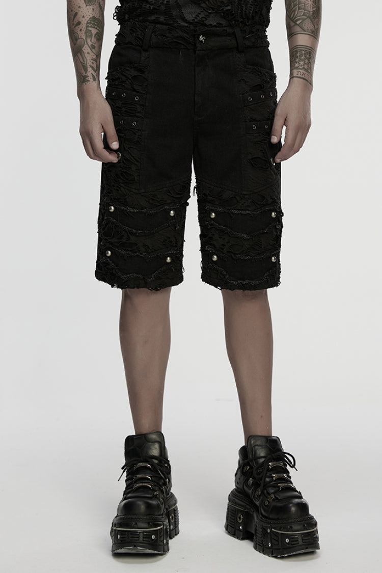 Black Ripped Eyelet Straps Men's Gothic Shorts - Black - 1