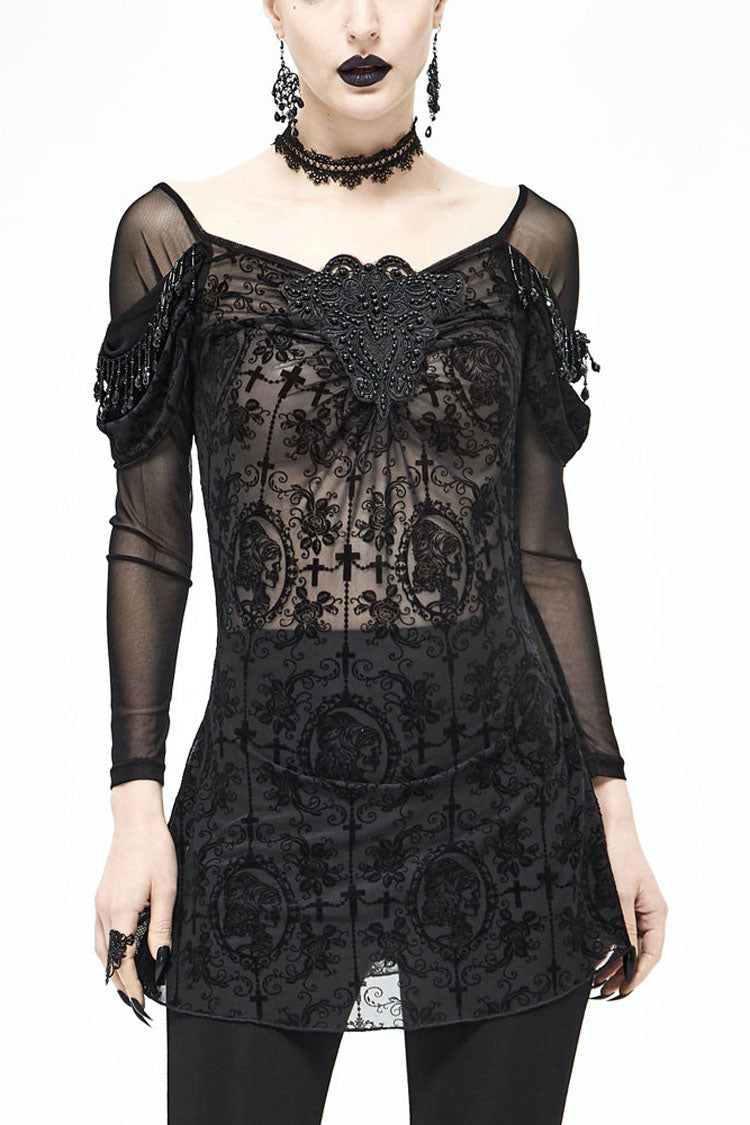 lack Gothic Off-Shoulder Front Chest Decals Bead Sleeve Beaded Tassel Webbing Flocking Print Women's Shirt - Black - 1