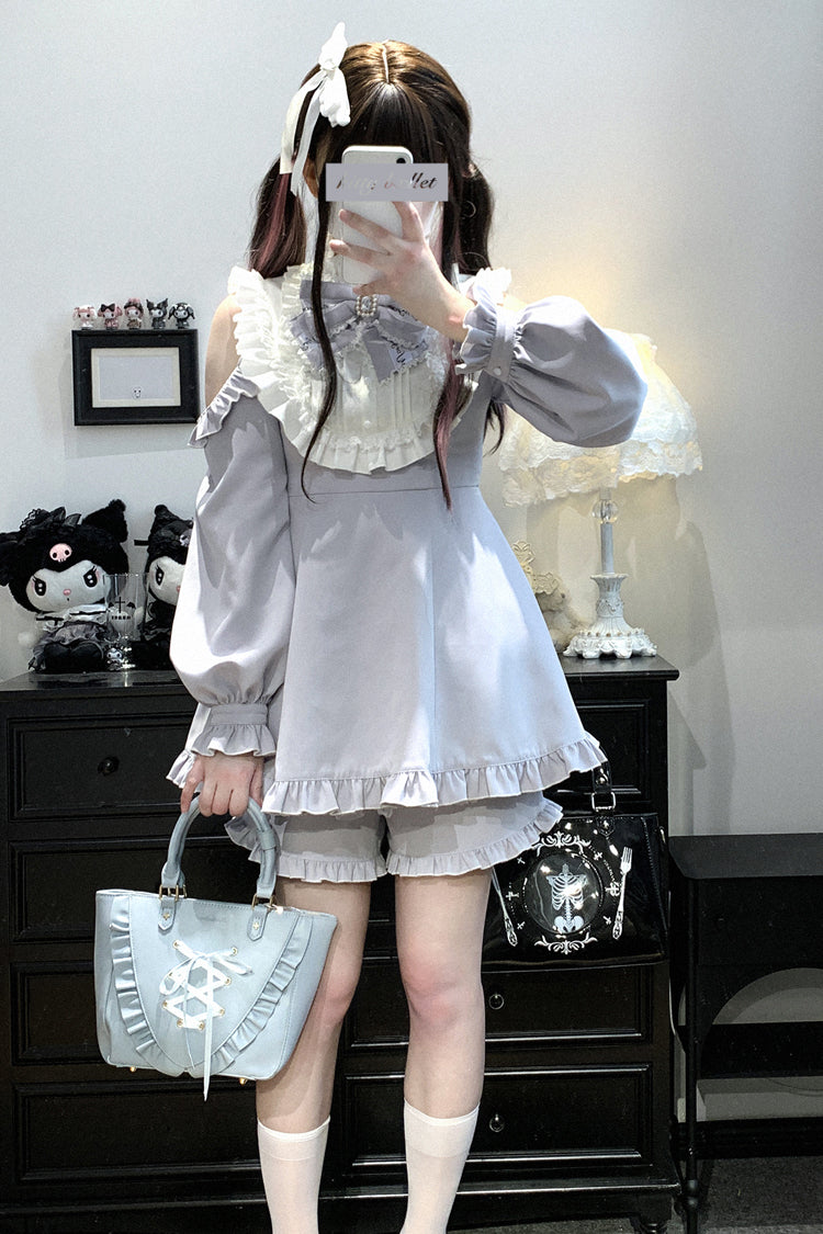 Light Blue [Rose Princess] Off Shoulder Long Sleeves Ruffle Bowknot Gothic Jirai Kei Dress - Product - 3