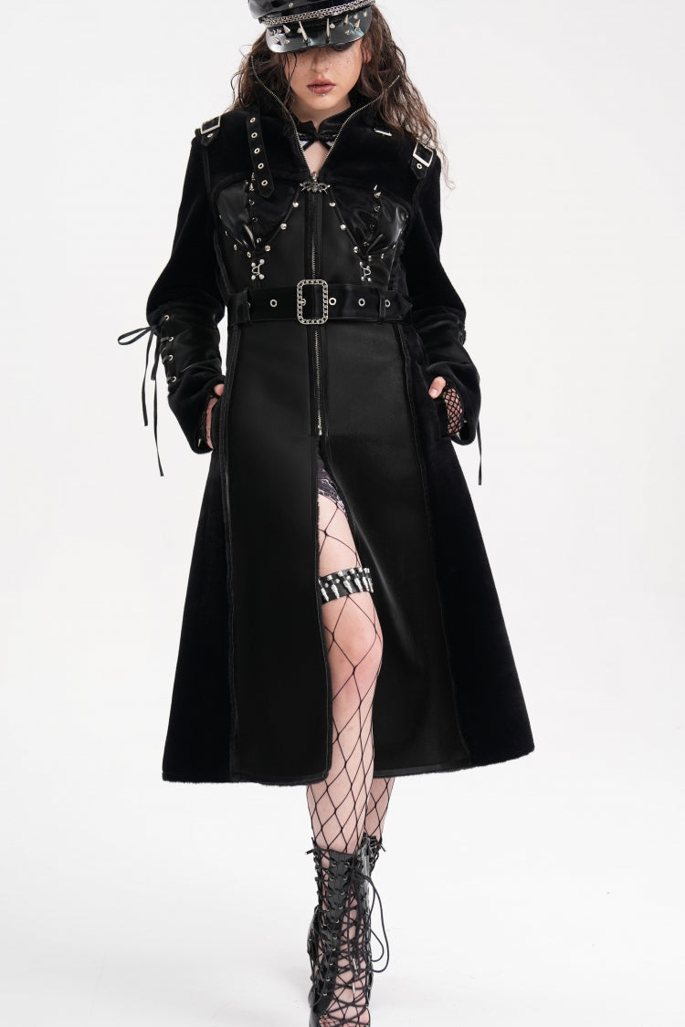 Black Women's Buckle-up Studs Eyelets Gothic Coat - Black - 1