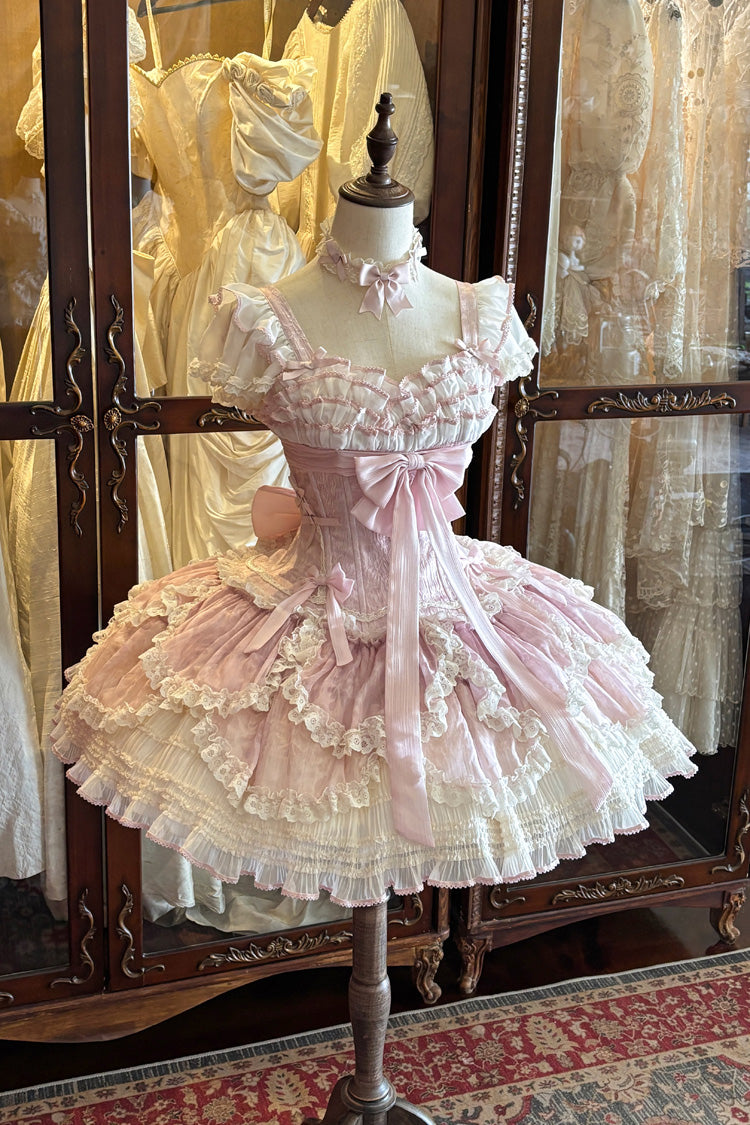 Pink [Floral Dream] Short Sleeves Multi-Layered Ruffle Embroidery Bowknot Lace-Up Sweet Elegant Ballet Lolita Jsk Dress - Product - 2