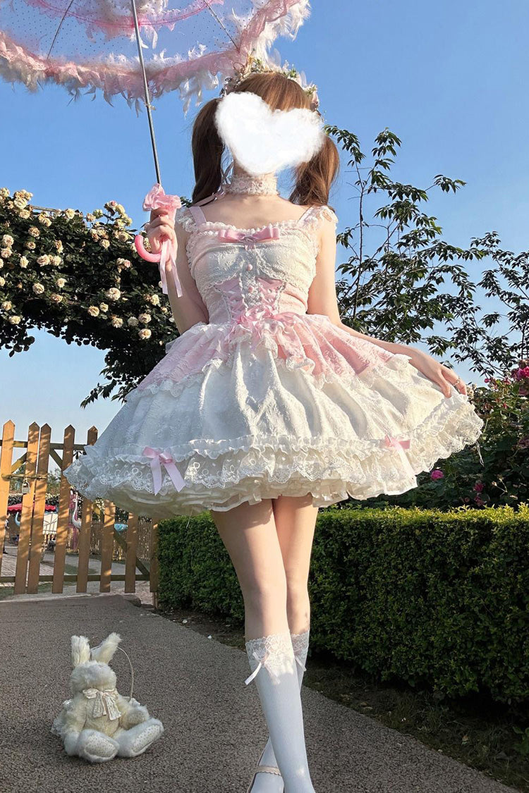 Pink [Leiffu] Sleeveless Ruffle Bowknot Lace Lace-Up Sweet Ballet Lolita Jsk Dress - Pink - 1
