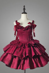 Wine Red Sleeveless Multi-layer Ruffle Bowknot Fish Bone Gothic Lolita Jsk Dress - Red - 1
