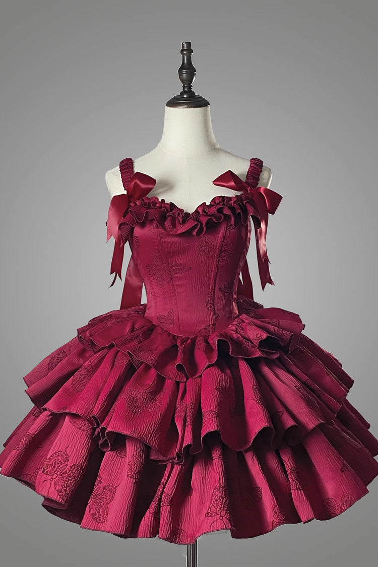 Wine Red Sleeveless Multi-layer Ruffle Bowknot Fish Bone Gothic Lolita Jsk Dress - Red - 1