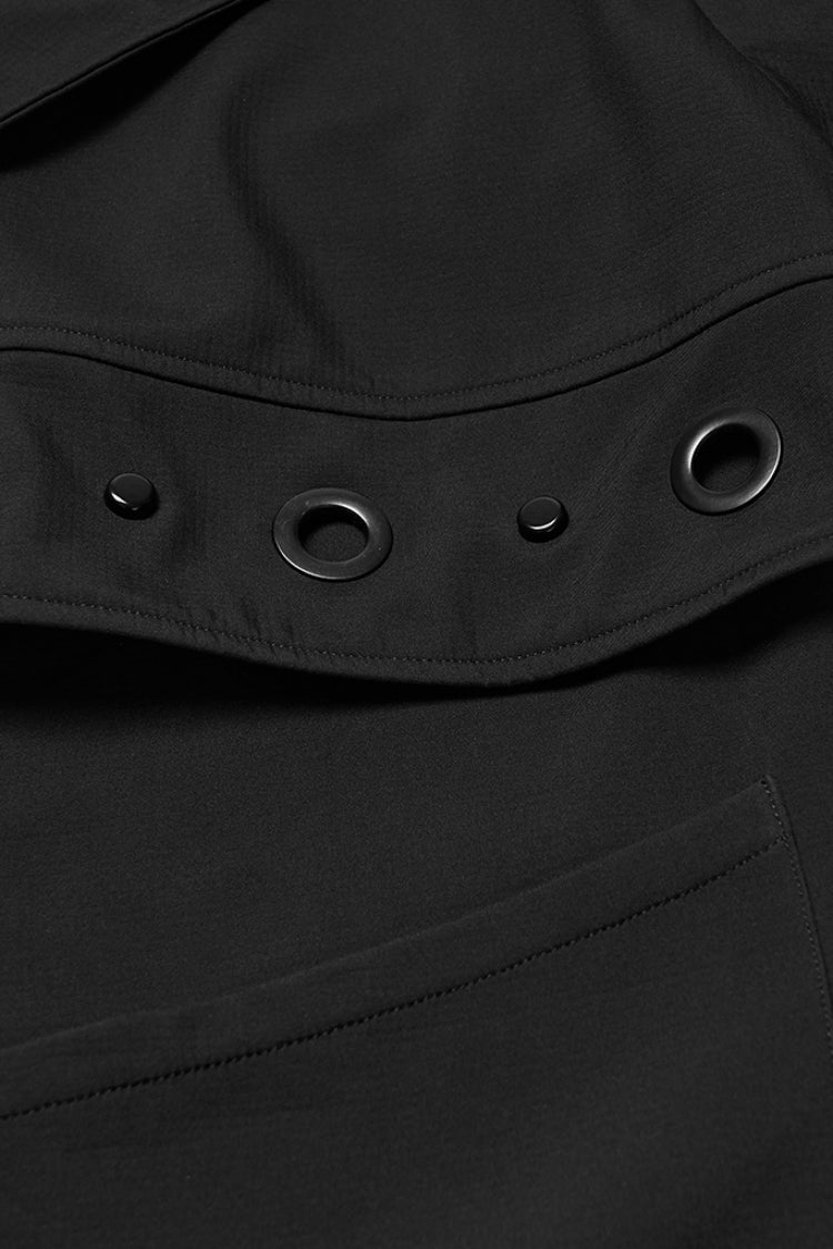 Black Lapel Collar Long Sleeves Hooded Zippered Eyelet Men's Gothic Coat - Product - 5