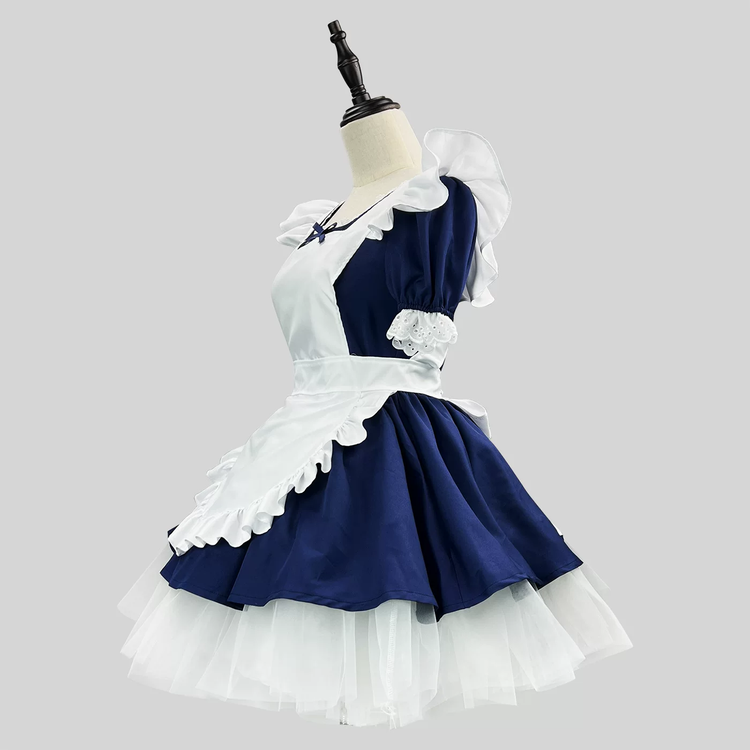 Navy Blue and White Lace Maid Lolita Dress Set with Bows - view 2