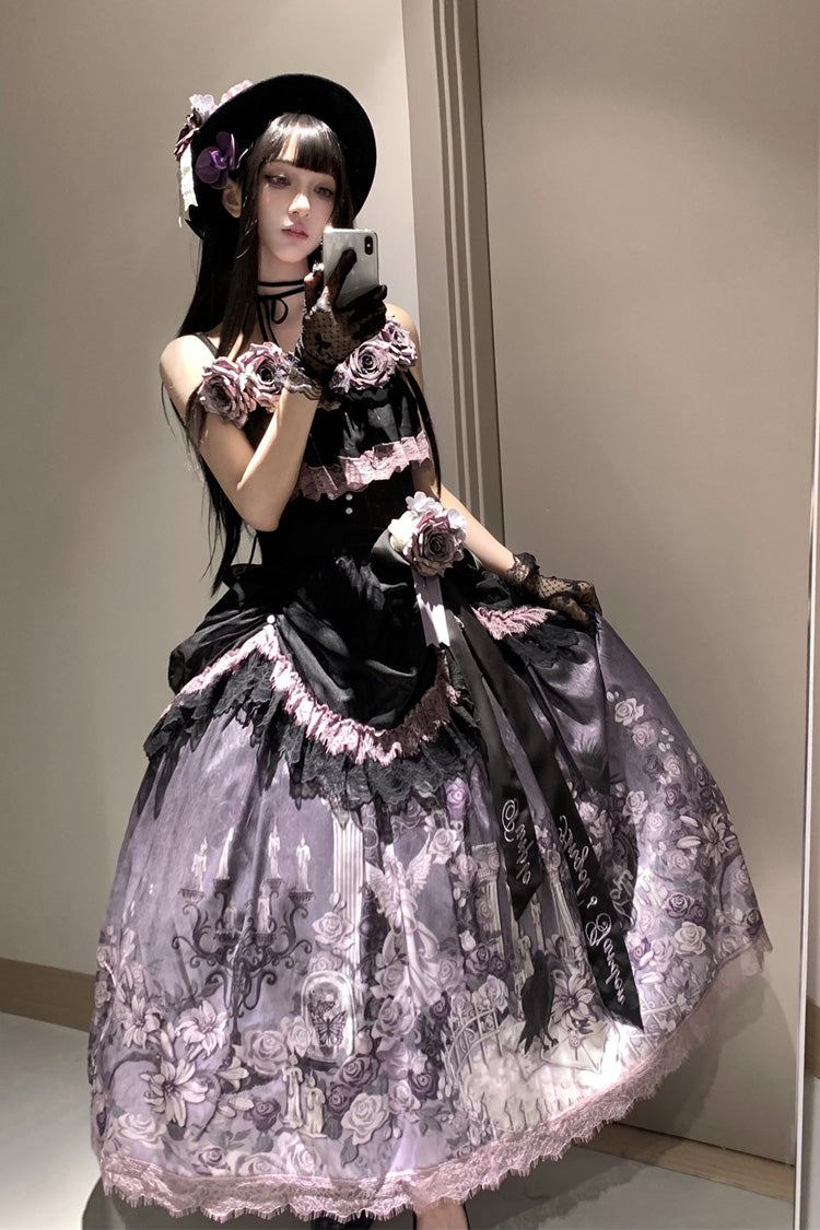 Black/Purple [Angel Garden] Sleeveless Print Ruffle Bowknot Lace Sweet Gothic Lolita Skirt Set - Product - 11