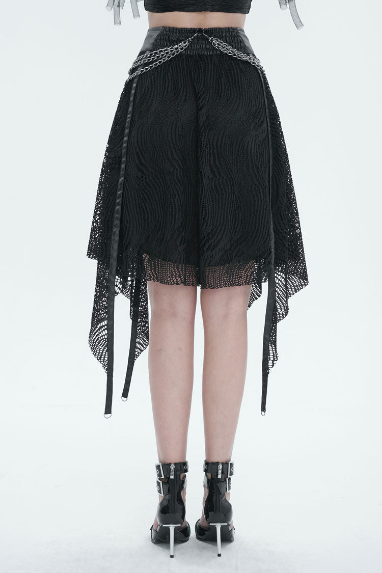 Black Irregular Half Hollow Knit Metal Chain Decorated Women's Punk Skirt - Product - 4