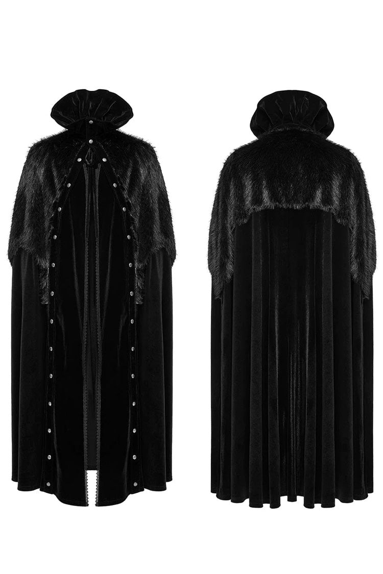 Black Stand Collar Ruffle Irregular Plush Stitching Mens Gothic Gorgeous Cloak - Product - 5