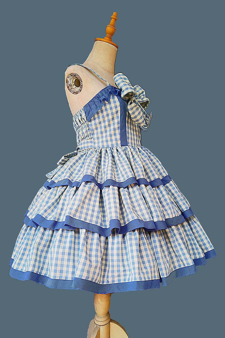 ブルー [Cloth Cat] 三層 チェック プリント フリル リボン スウィートロリータワンピース 2色 商品画像