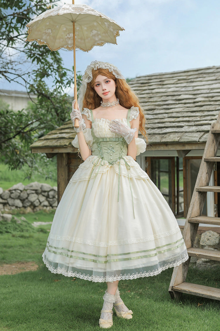 Green Square Collar Sleeveless Multi-Layered Ruffled Bow Lace Fishbone Sweet Lolita Jsk Dress 2 Versions - Product - 17