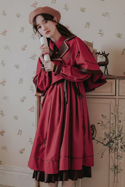 Vintage College Style Lapel Collar Long Sleeves Double Paneled Hem Sweet Lolita Dress - Product - 4
