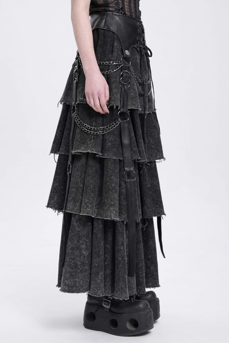 Black Multi-Layered Lace-Up Chain Women's Punk Skirt - Product - 2