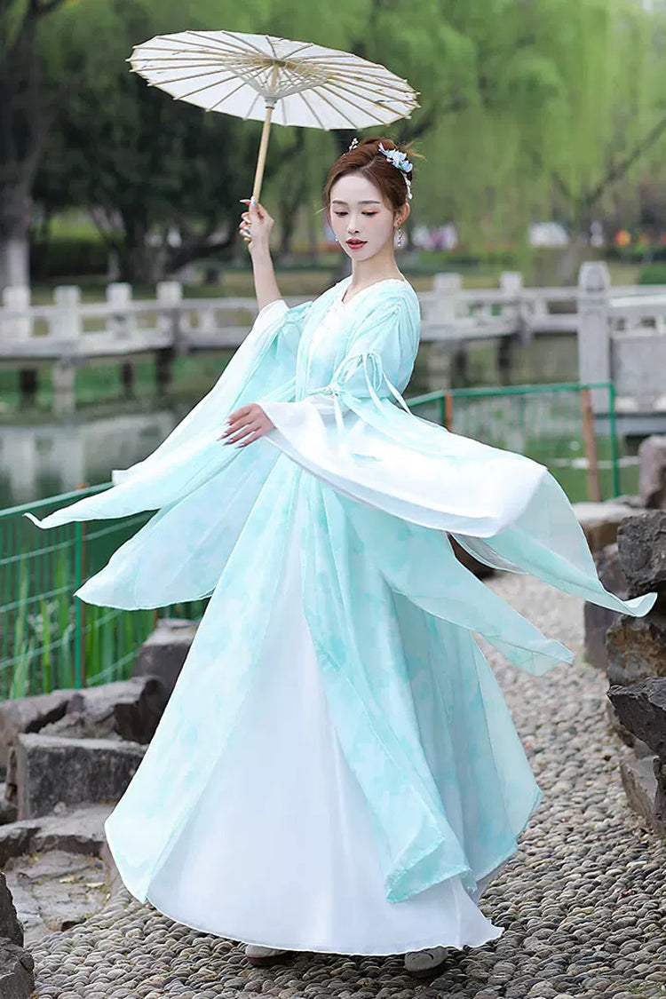 Blue V Collar High Waisted Lace-Up Women's Classic Hanfu Dress - Product - 2