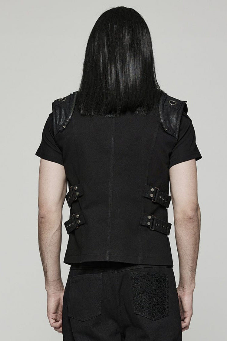 Black Stand Collar Side Waist Webbing Decorative Stitching Mens Steampunk Vest - Product - 3