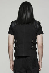 Black Stand Collar Side Waist Webbing Decorative Stitching Mens Steampunk Vest - Product - 3