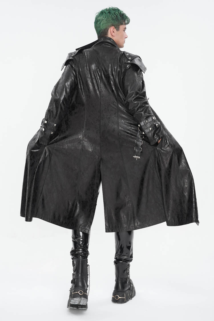 Black Stand Collar Multi Buckle Faux Long Leather Men's Punk Coat - Product - 6