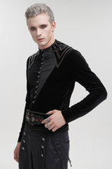 Black Round Collar Long Sleeves Stripes Splice Velvet Men's Gothic Shirt - Product - 3