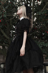 Black Rose Embroidered Cutout Top Irregular Short Sleeves Gothic Lolita Dress Set - Product - 10