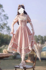 Pink Square Collar Short Puff Sleeves Ruffle Embroidery Sweet Elegant Lolita Dress - Product - 3