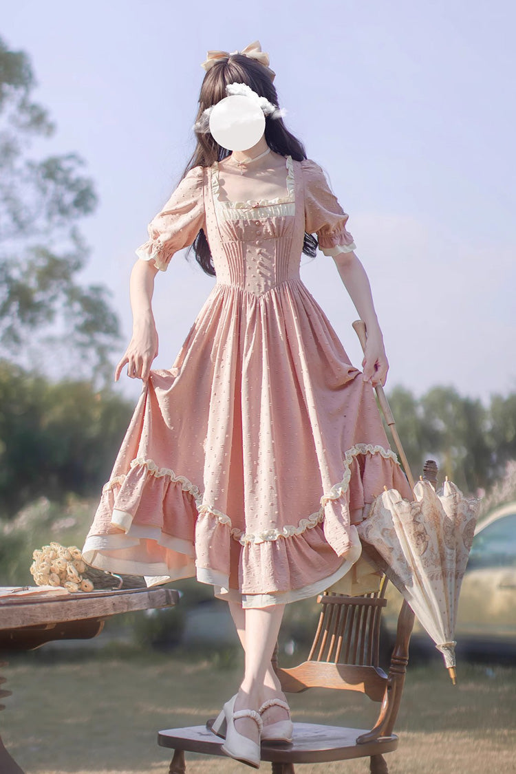 Pink Square Collar Short Puff Sleeves Ruffle Embroidery Sweet Elegant Lolita Dress - Product - 3