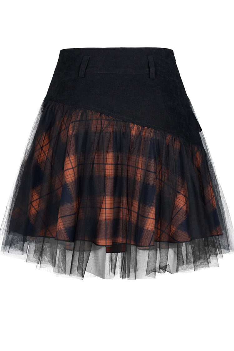 Black/Red Lace Mesh Stitching Plaid Metal Buckle Decoration High Waist Women's Punk Short Skirt - Product - 6