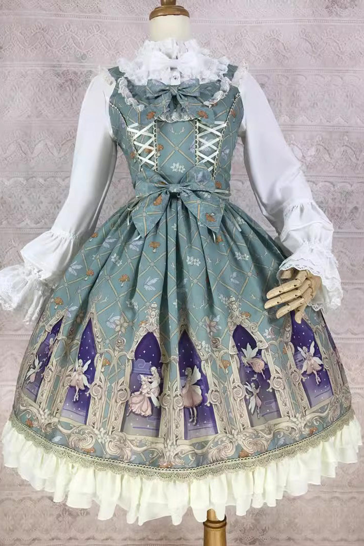 Dream Elf Print Ruffle Bowknot Sweet Lolita Jsk Dress 6 Colors - Light-cyan - 1