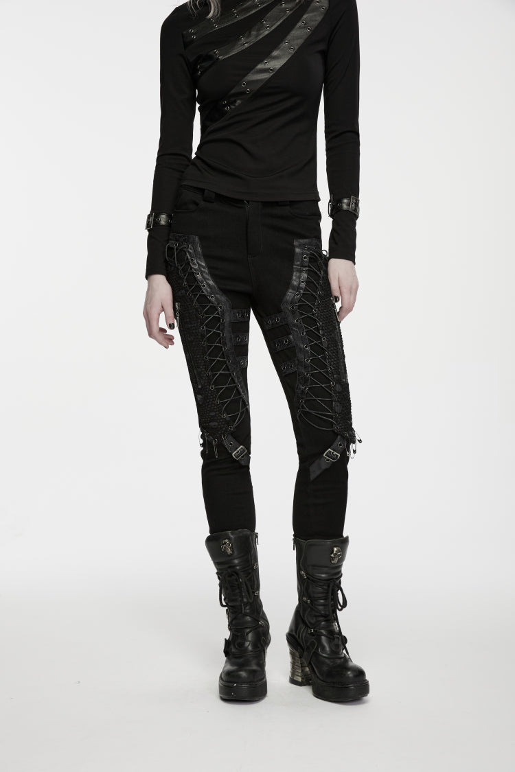 Black Cut-Out Lace Lace-Up Slim Fit Women's Punk Cool Pants - Product - 9