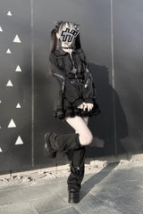 Black [False Judgment] Ruffled Lace Zippered Gothic Jirai Kei Japanese Handsome Skirt Set - Product - 7
