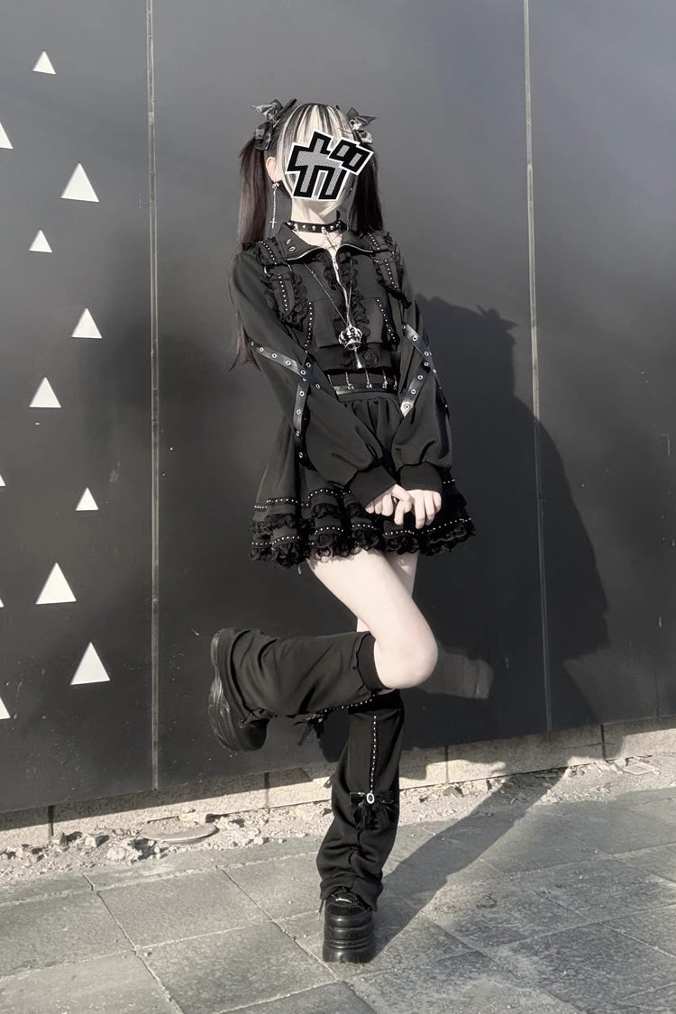 Black [False Judgment] Ruffled Lace Zippered Gothic Jirai Kei Japanese Handsome Skirt Set - Product - 7