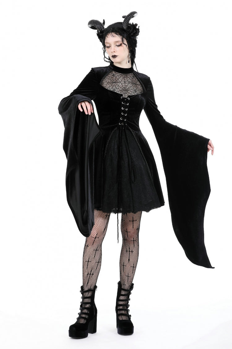 Black Long Trumpet Sleeves Spliced Lace-Up Spider Mesh Women's Gothic Velvet Wedding Dress - Product - 5