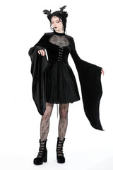 Black Long Trumpet Sleeves Spliced Lace-Up Spider Mesh Women's Gothic Velvet Wedding Dress - Product - 5