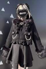 Black Long Sleeves Bow Sheep Wool Gothic Jirai Kei Japanese Short Coat - Product - 7