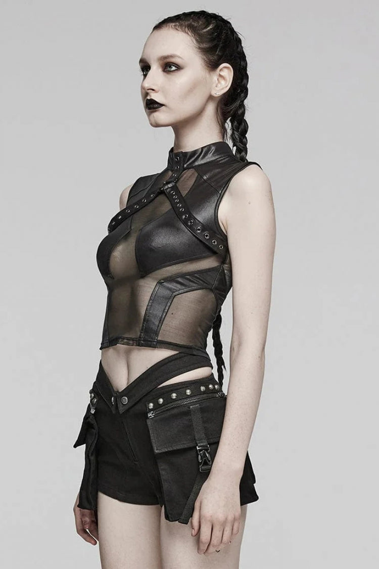 Black Leather Stitching Mesh Sheer Womens Steampunk Vest - Product - 2