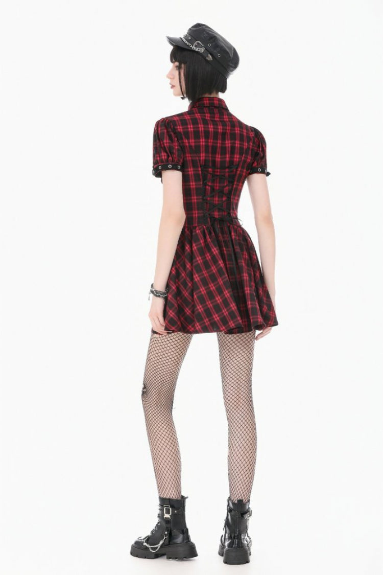 Black/Red Plaid Turn-Down Collar Cut-Out Short Sleeves Lace-Up Women's Punk Retro Mini Dress - Product - 11