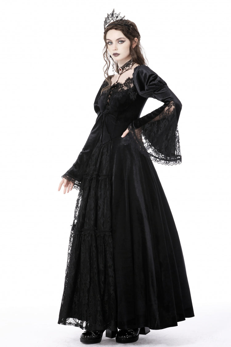 Black Long Puff Sleeves Spliced Lace Lace-Up Women's Gothic Vintage Velvet Wedding Dress - Product - 8