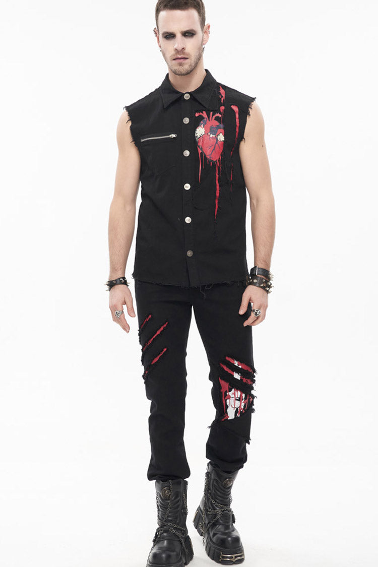 Black Punk Twill Ripped Leg-Bone Bleed Print Men's Pants - Product - 4