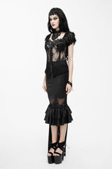 Black Back Decals Transparent Mesh Hem Satin Trailing Women's Gothic Skirt - Product - 3