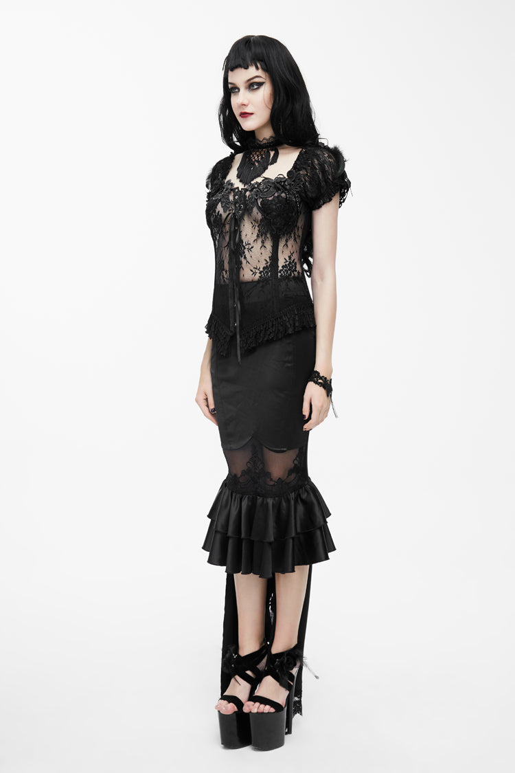 Black Back Decals Transparent Mesh Hem Satin Trailing Women's Gothic Skirt - Product - 3