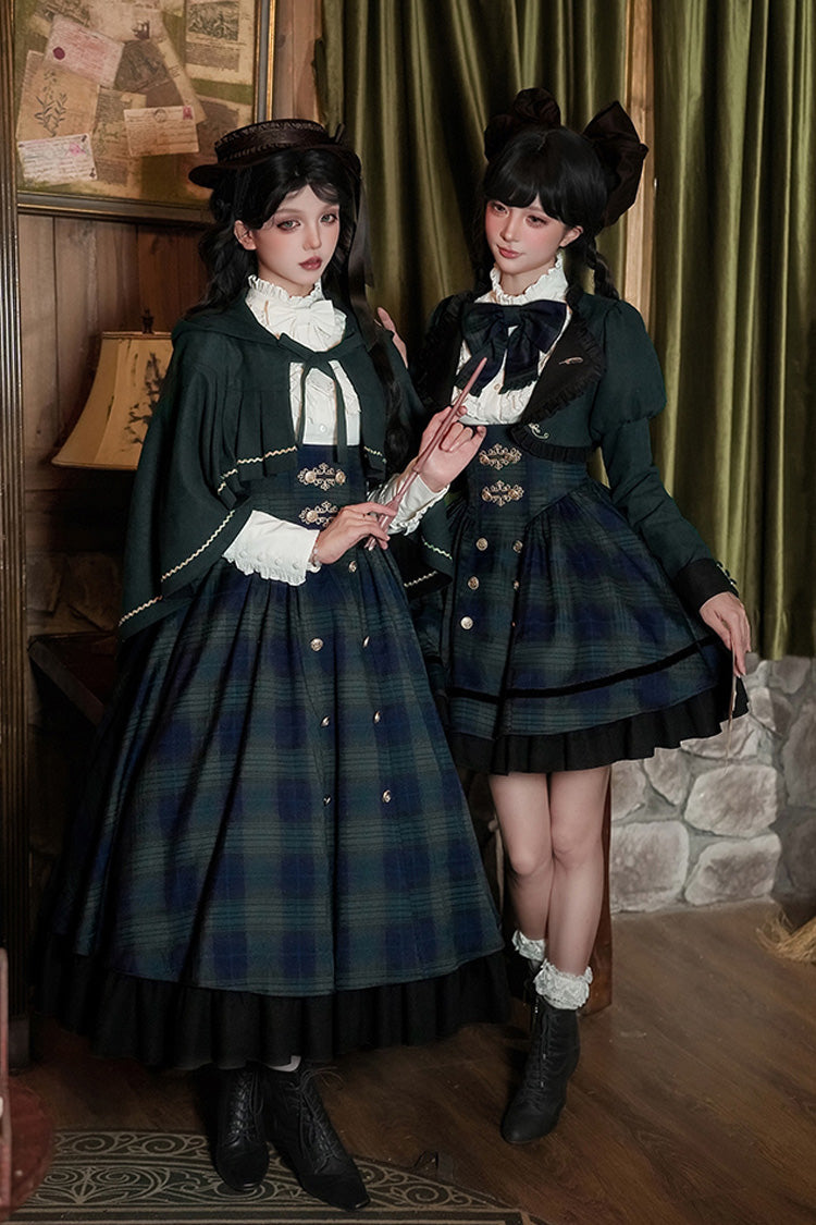 Blue/Green [Berlin's letter] Double-Layered Plaid Print Ruffle Bowknot Classic College Style Lolita Strap Dress Set 2 Versions - Product - 10