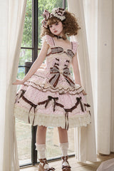 Pink [Shengqiao Tata] Sleeveless Print Ruffle Bowknot Lace-Up Sweet Elegant Lolita Jsk Dress - Product - 6