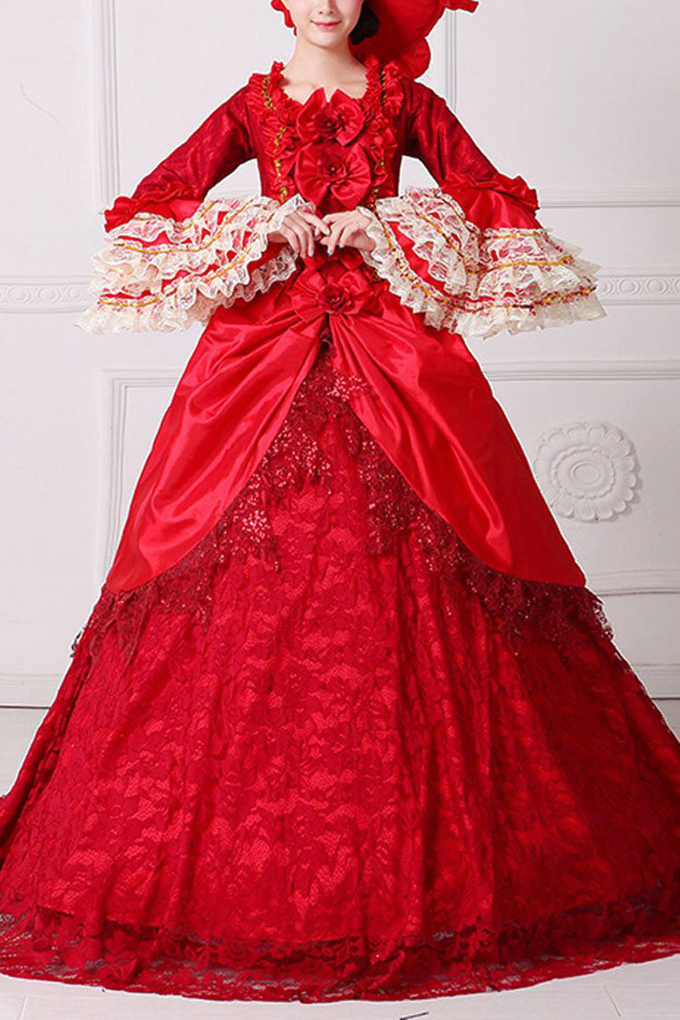 Red Multi-Layer Lace Stitching Trumpet Sleeves High Waisted Bowknot Hollow Floral Embroidery Victorian Lolita Prom Dress - Red - 1
