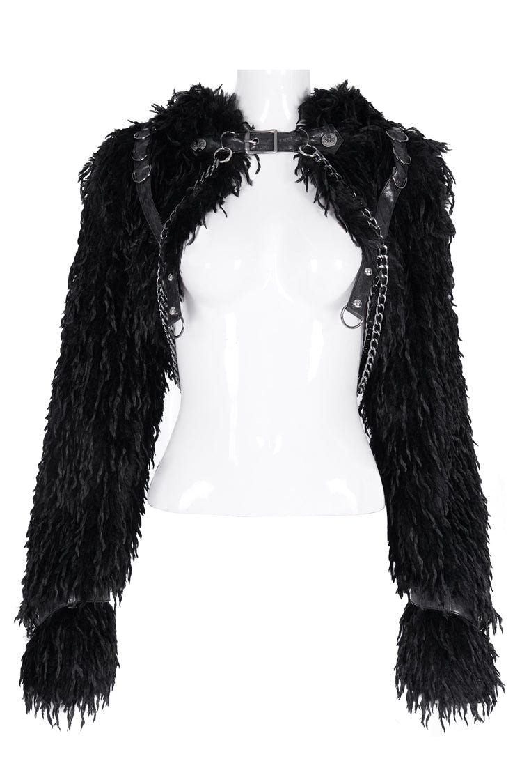 Black Long Sleeves Hooded Women's Gothic Chain Buckle-up Horn Cape - Product - 9