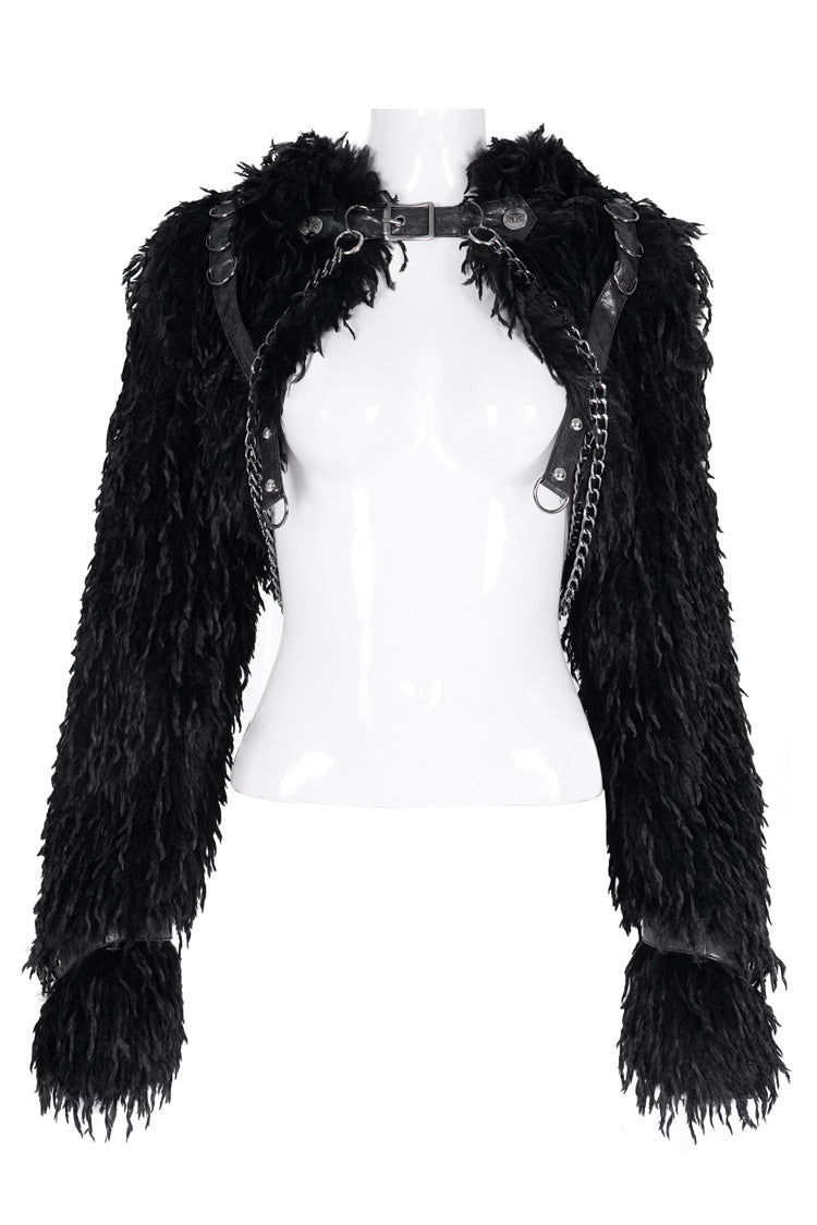 Black Long Sleeves Hooded Women's Gothic Chain Buckle-up Horn Cape - Product - 9