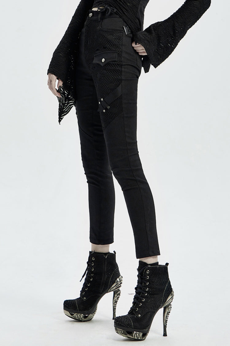 Buttonhole Drawstring Stitching Lace-Up Mesh Women's Steampunk Skinny Jeans Pants 2 Colors - Product - 10