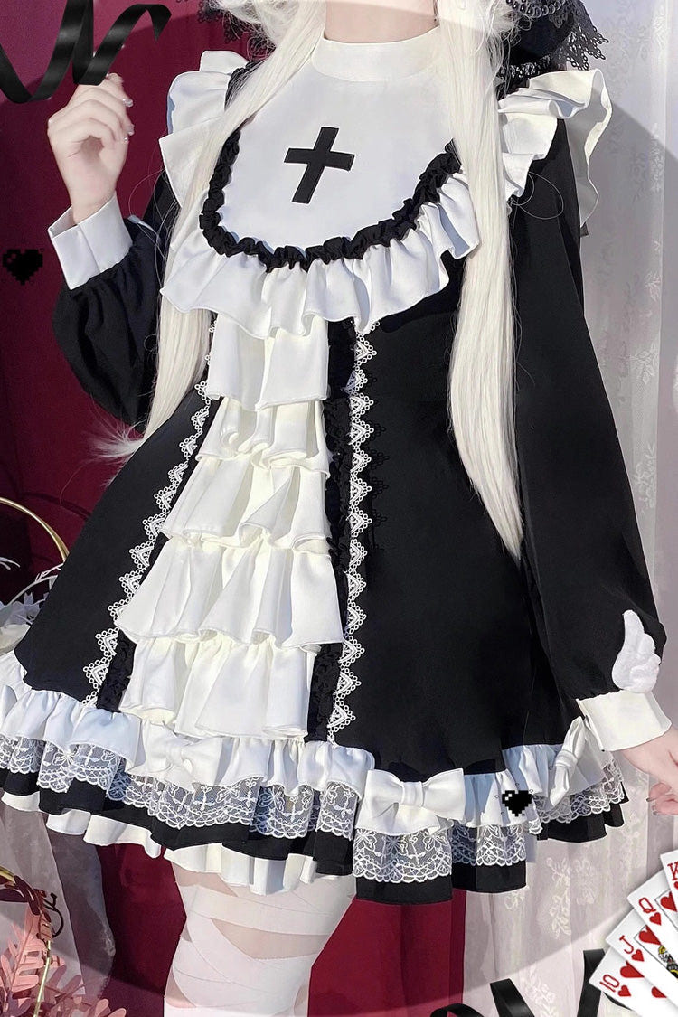 White/Black Long Sleeves Multi-layer Cross Print Nun Style Ruffle Gothic Lolita Dress - Product - 3