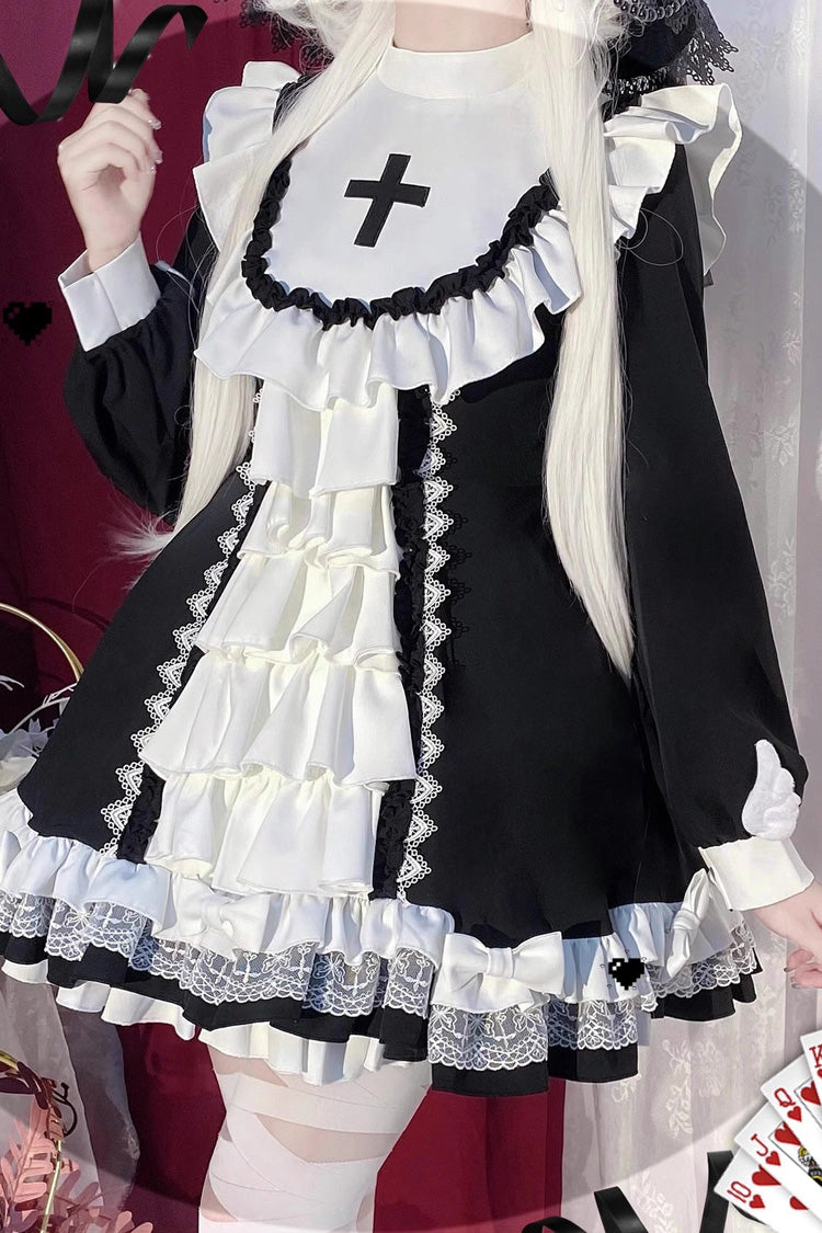 White/Black Long Sleeves Multi-layer Cross Print Nun Style Ruffle Gothic Lolita Dress - Product - 3